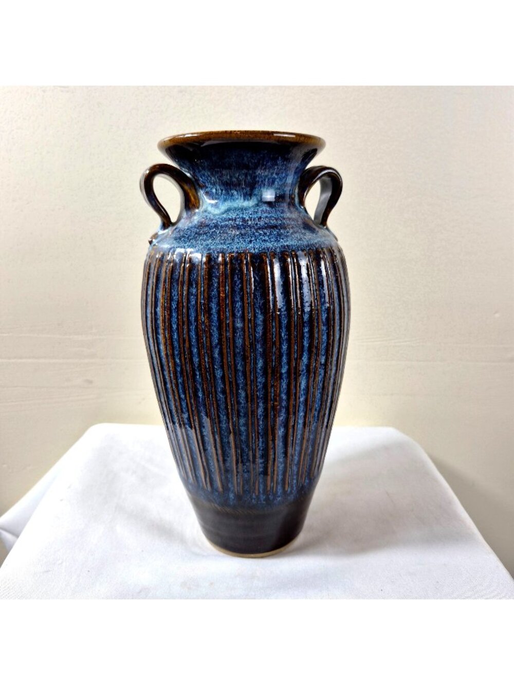 Mark Heywood Whynot Pottery NC Signed Blue Glaze Double Handle Vase